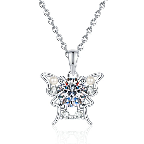 Floral Moissanite Pendant Necklace with Cubic Zirconia and Pearl in Platinum-Plated S925 Sterling Silver on clean white background showing the floral cluster pendant with a round moissanite center and pearl detail