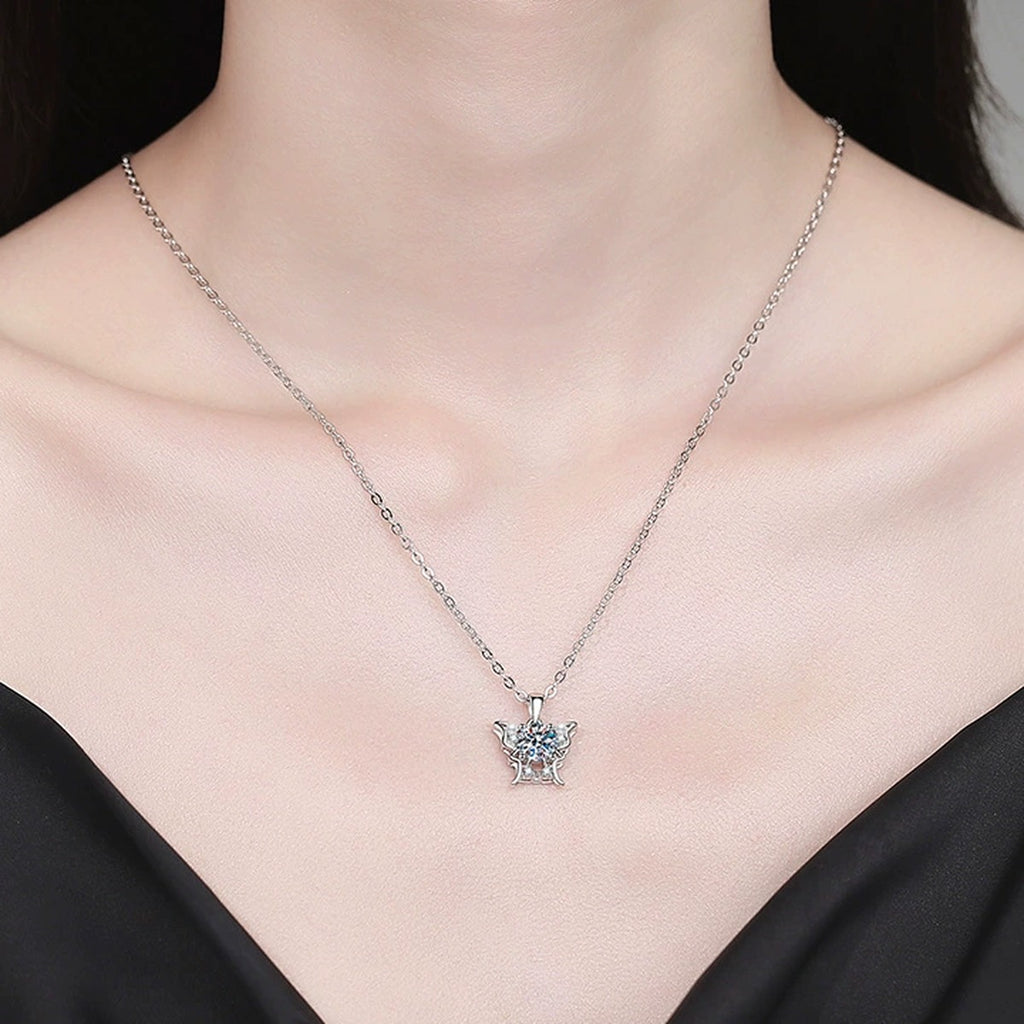 Floral Moissanite Pendant Necklace with Cubic Zirconia and Pearl in Platinum-Plated S925 Sterling Silver worn on neckline by model