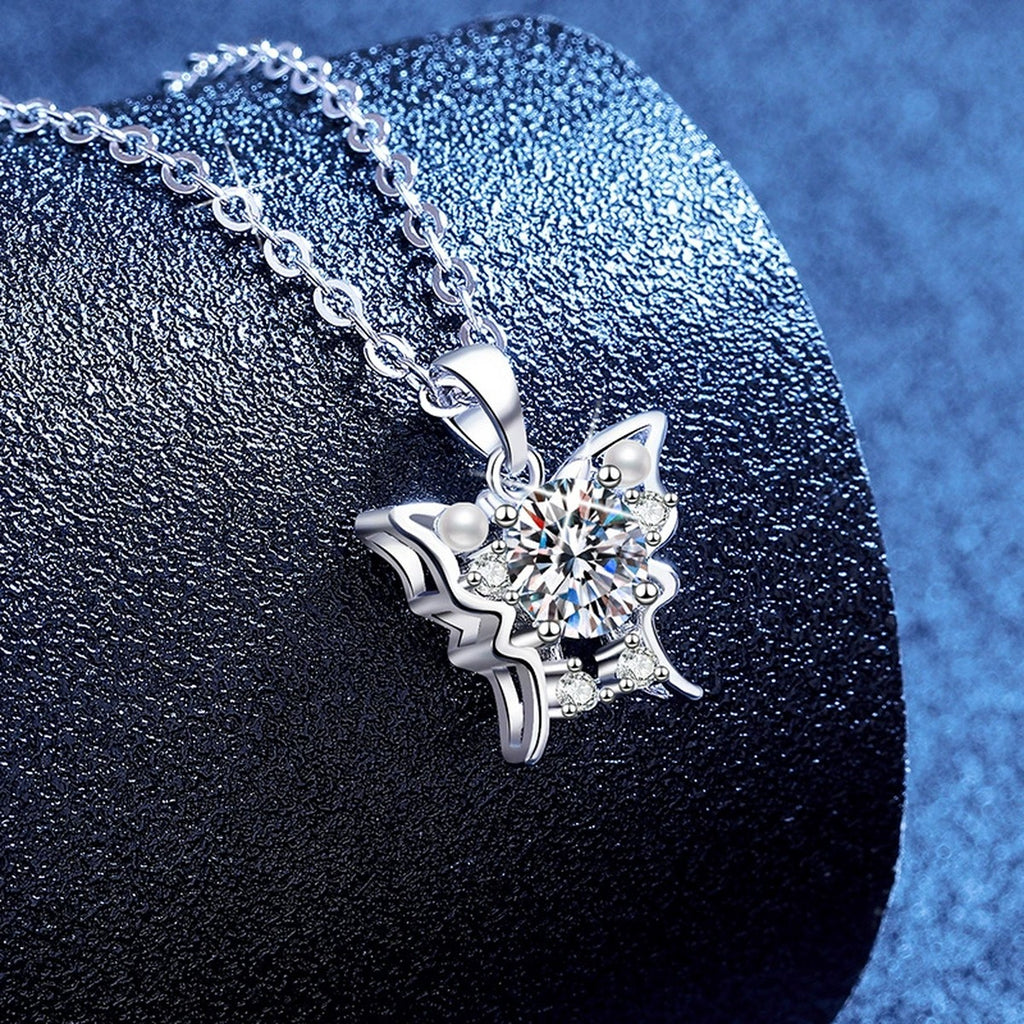 Floral Moissanite Pendant Necklace with Cubic Zirconia and Pearl in Platinum-Plated S925 Sterling Silver blue background product view