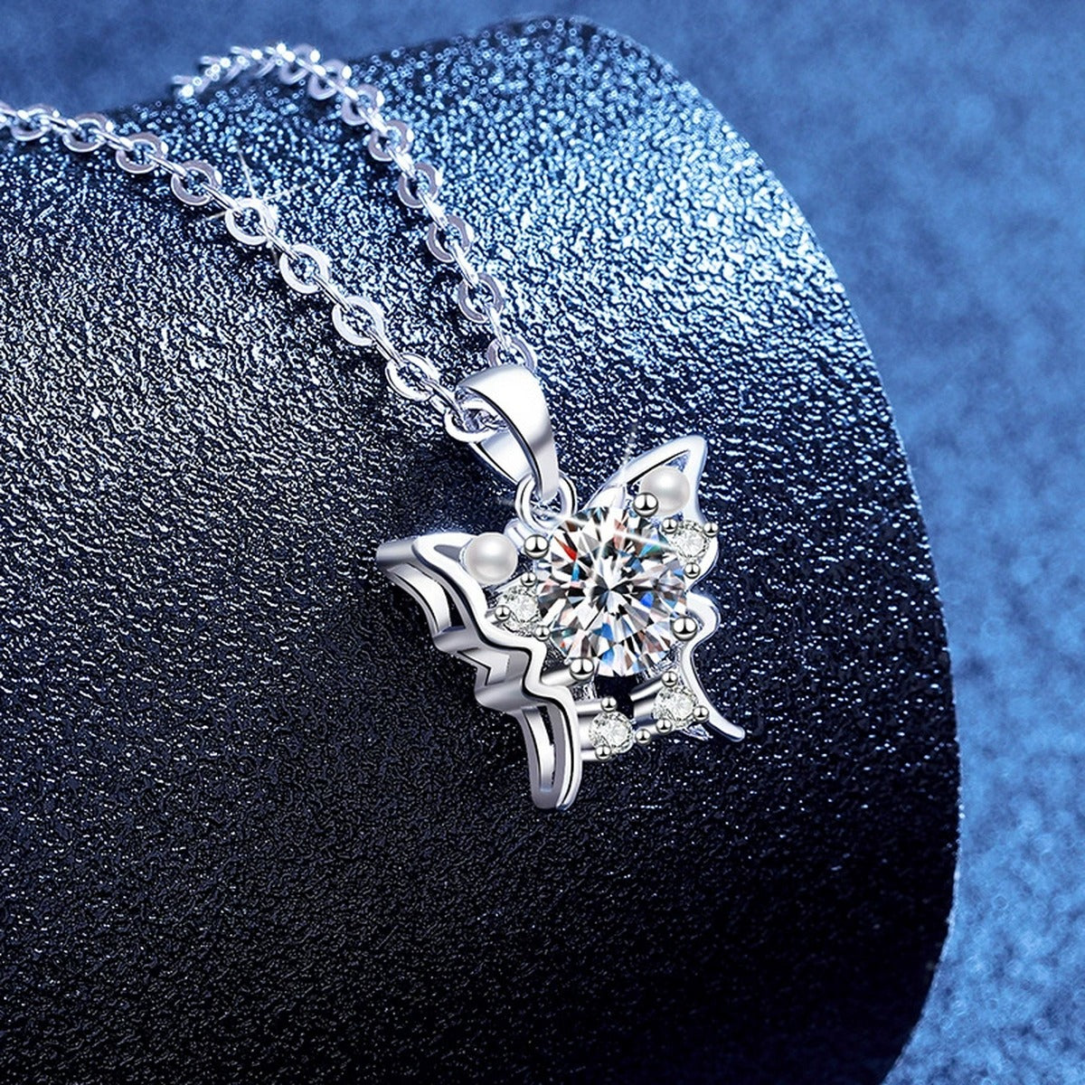 Floral Moissanite Pendant Necklace with Cubic Zirconia and Pearl in Platinum-Plated S925 Sterling Silver blue background product view