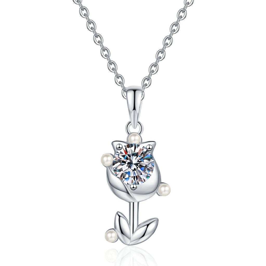 Anchor Moissanite Pendant Necklace with Cubic Zirconia and Pearl in Platinum-Plated S925 Sterling Silver on clean white background showing the anchor-inspired pendant with a round moissanite and pearl detail