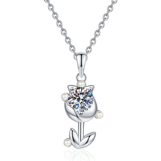 Anchor Moissanite Pendant Necklace with Cubic Zirconia and Pearl in White Gold-Plated S925 Sterling Silver