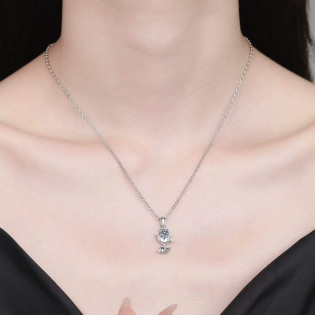 Anchor Moissanite Pendant Necklace with Cubic Zirconia and Pearl in Platinum-Plated S925 Sterling Silver worn on neckline by model
