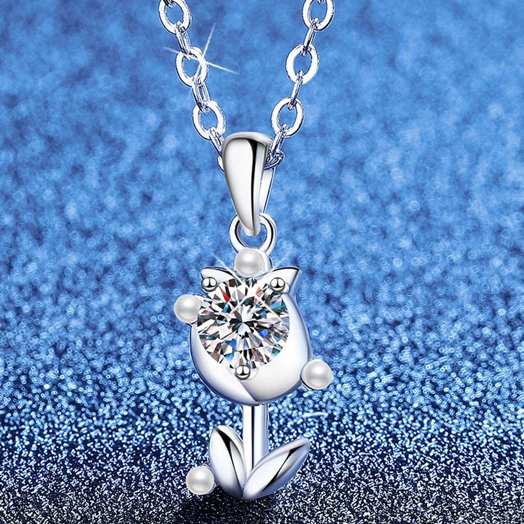 Anchor Moissanite Pendant Necklace with Cubic Zirconia and Pearl in Platinum-Plated S925 Sterling Silver blue background product view
