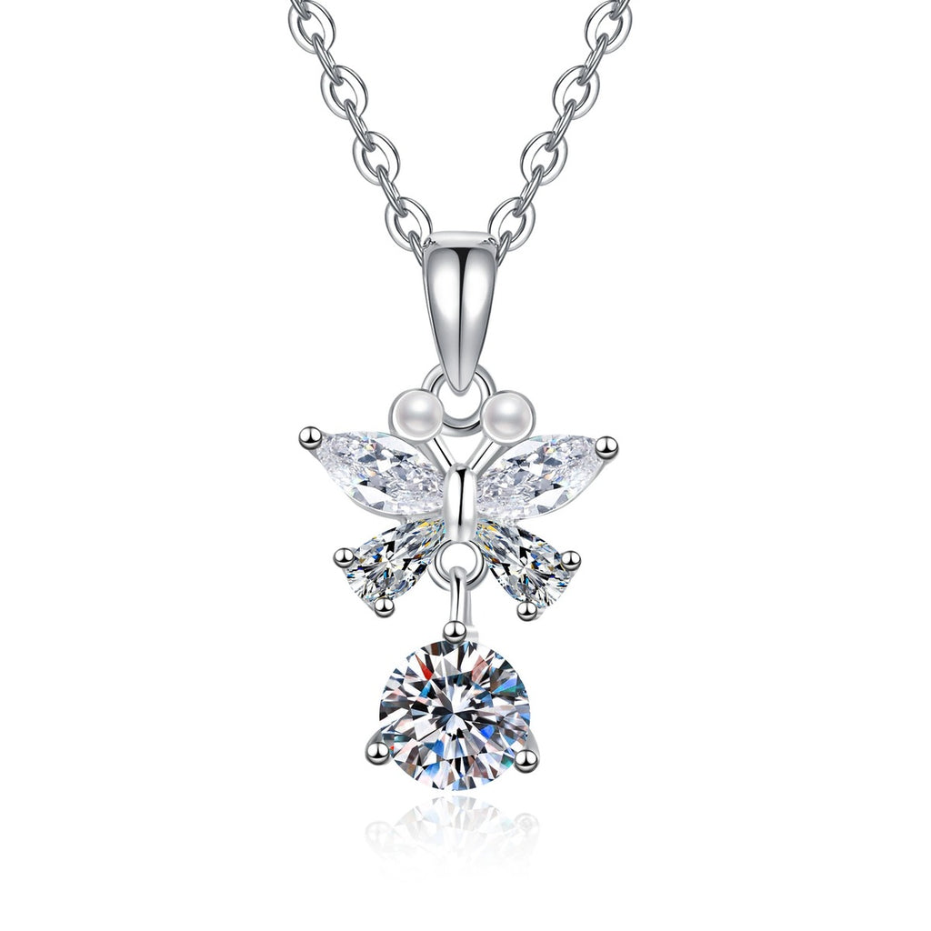Star Cross Moissanite Pendant Necklace with Cubic Zirconia in Platinum-Plated S925 Sterling Silver on clean white background showing the star-cross pendant with a round moissanite center