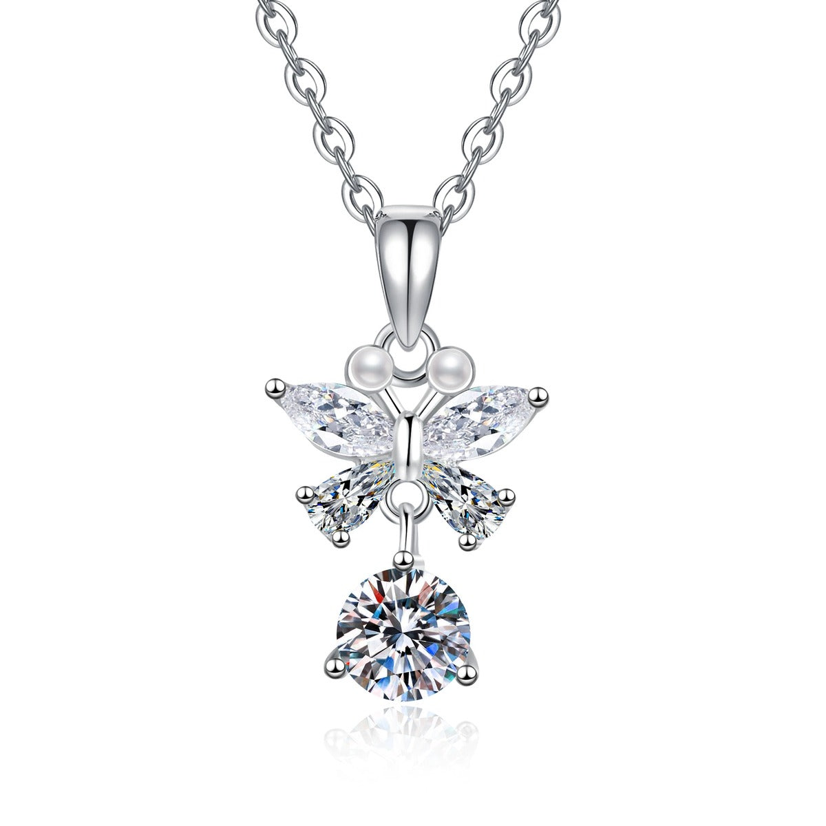 Star Cross Moissanite Pendant Necklace with Cubic Zirconia in Platinum-Plated S925 Sterling Silver on clean white background showing the star-cross pendant with a round moissanite center
