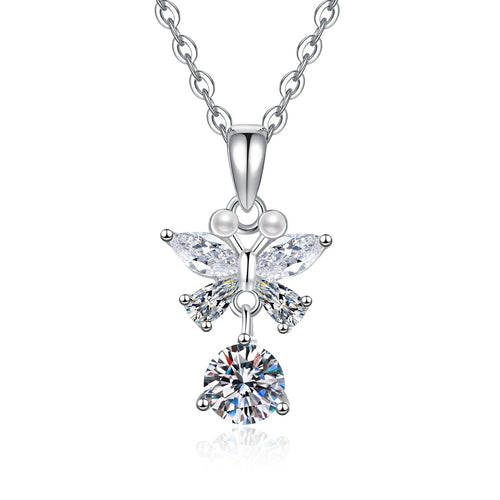 Star Cross Moissanite Pendant Necklace with Cubic Zirconia in Platinum-Plated S925 Sterling Silver on clean white background showing the star-cross pendant with a round moissanite center