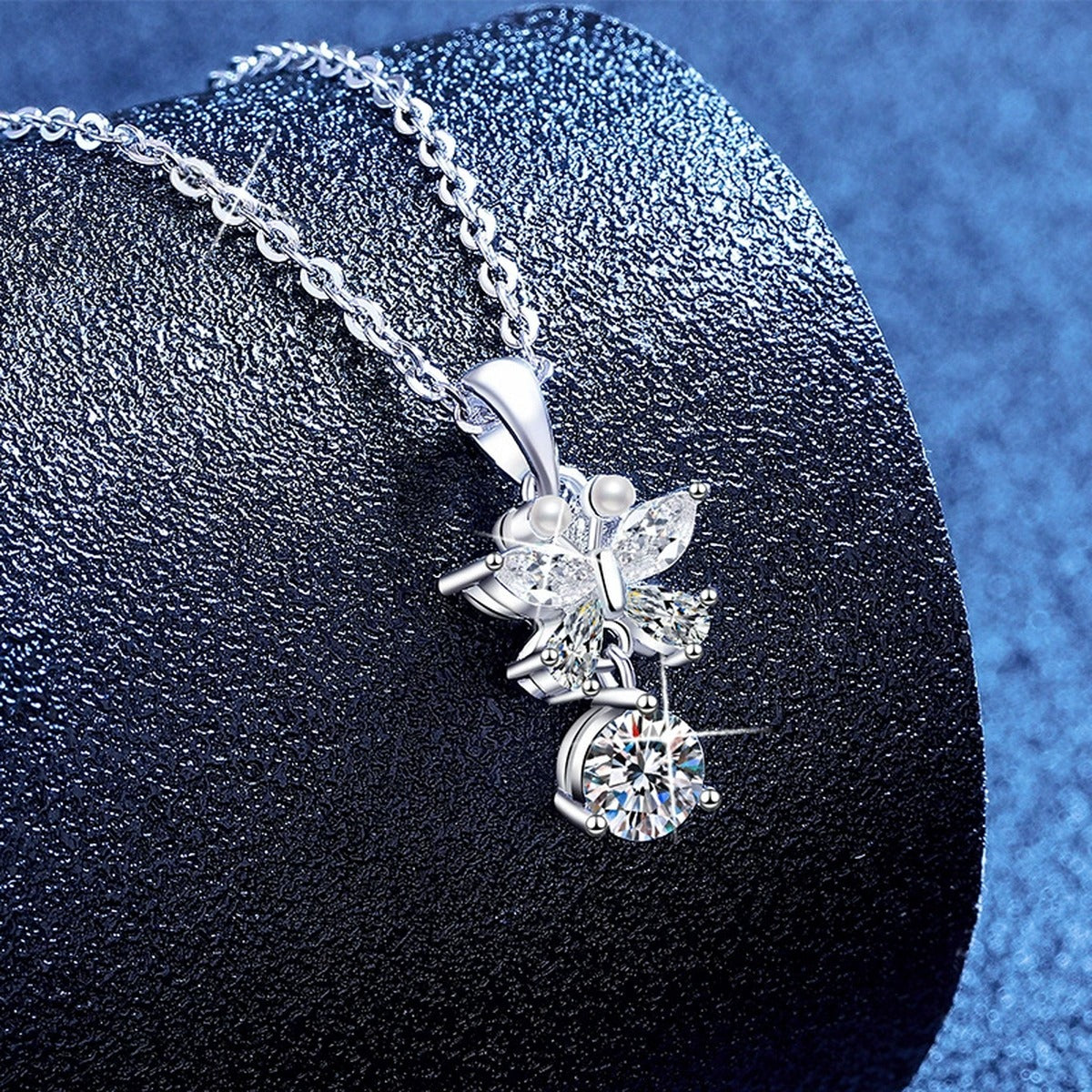 Star Cross Moissanite Pendant Necklace with Cubic Zirconia in Platinum-Plated S925 Sterling Silver blue background product view