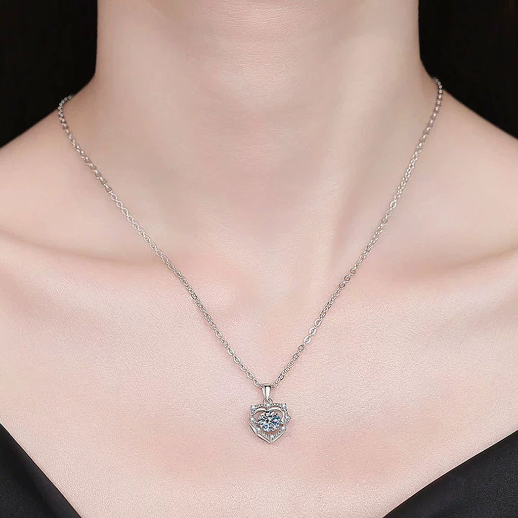 Round Halo Moissanite Pendant Necklace with Cubic Zirconia in Platinum-Plated S925 Sterling Silver worn on neckline by model