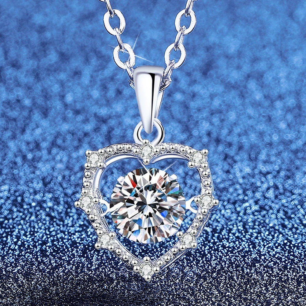 Round Halo Moissanite Pendant Necklace with Cubic Zirconia in Platinum-Plated S925 Sterling Silver blue background product view