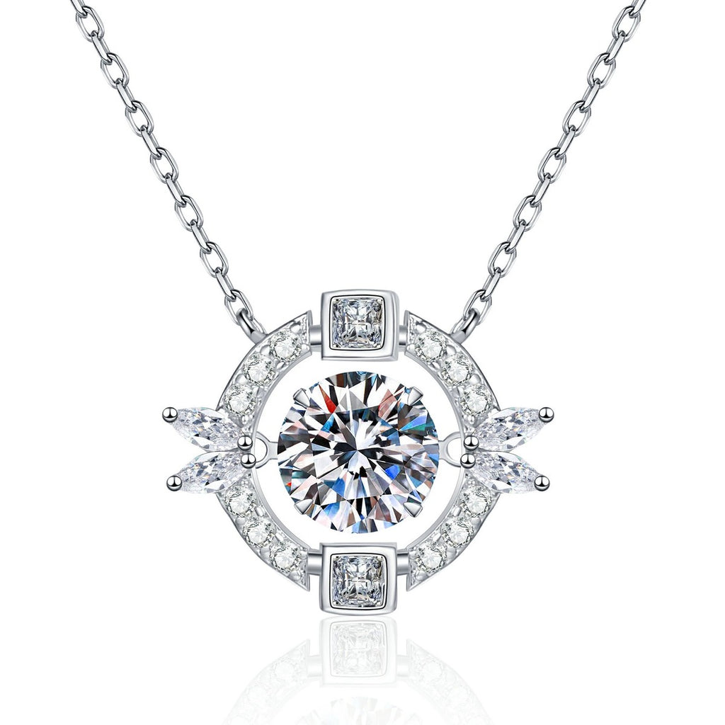 Circle Halo Moissanite Pendant Necklace with Cubic Zirconia in Platinum-Plated S925 Sterling Silver on clean white background showing the circular halo pendant surrounding a round moissanite
