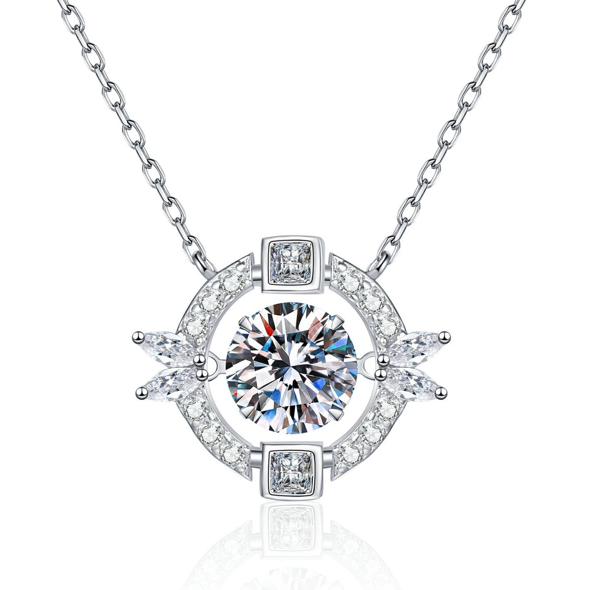 Circle Halo Moissanite Pendant Necklace with Cubic Zirconia in Platinum-Plated S925 Sterling Silver on clean white background showing the circular halo pendant surrounding a round moissanite