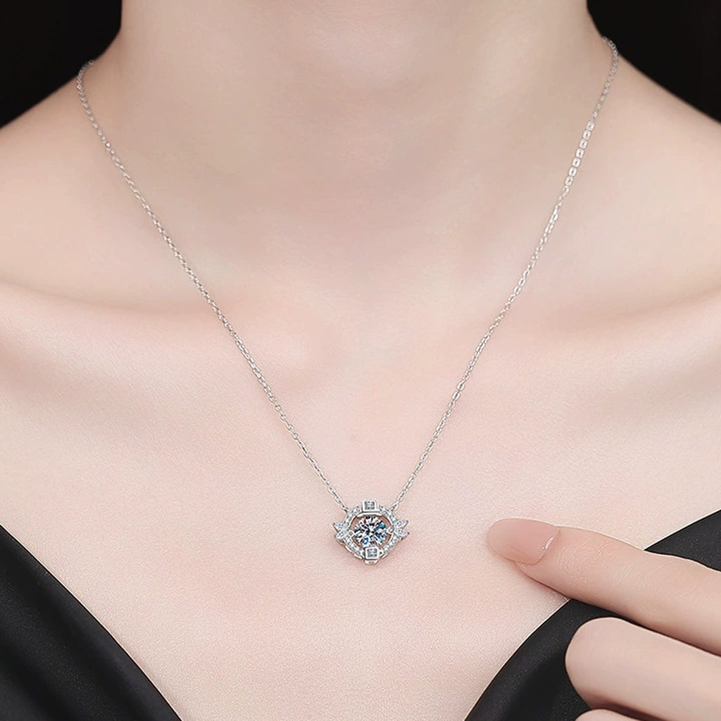 Circle Halo Moissanite Pendant Necklace with Cubic Zirconia in Platinum-Plated S925 Sterling Silver worn on neckline by model