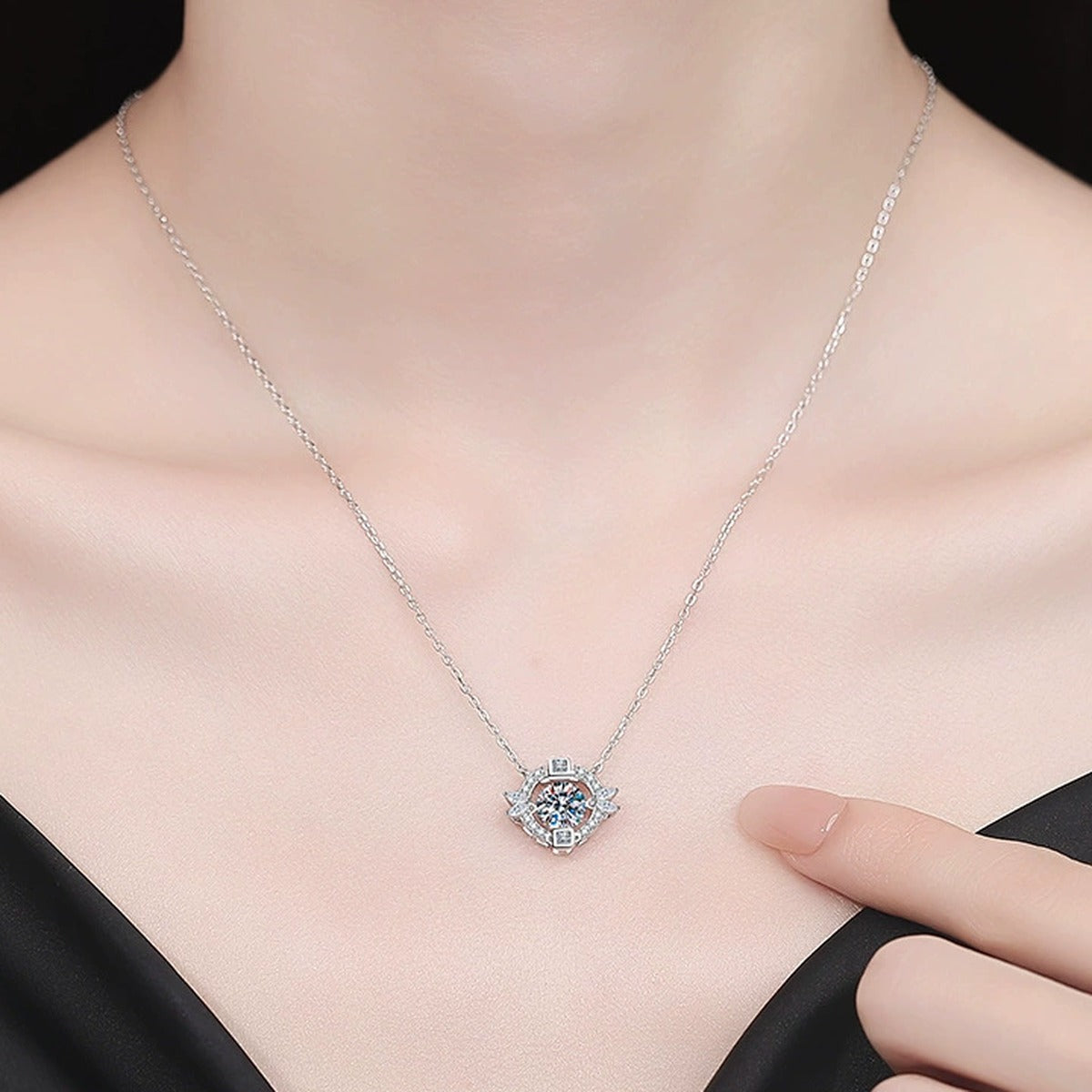 Circle Halo Moissanite Pendant Necklace with Cubic Zirconia in Platinum-Plated S925 Sterling Silver worn on neckline by model