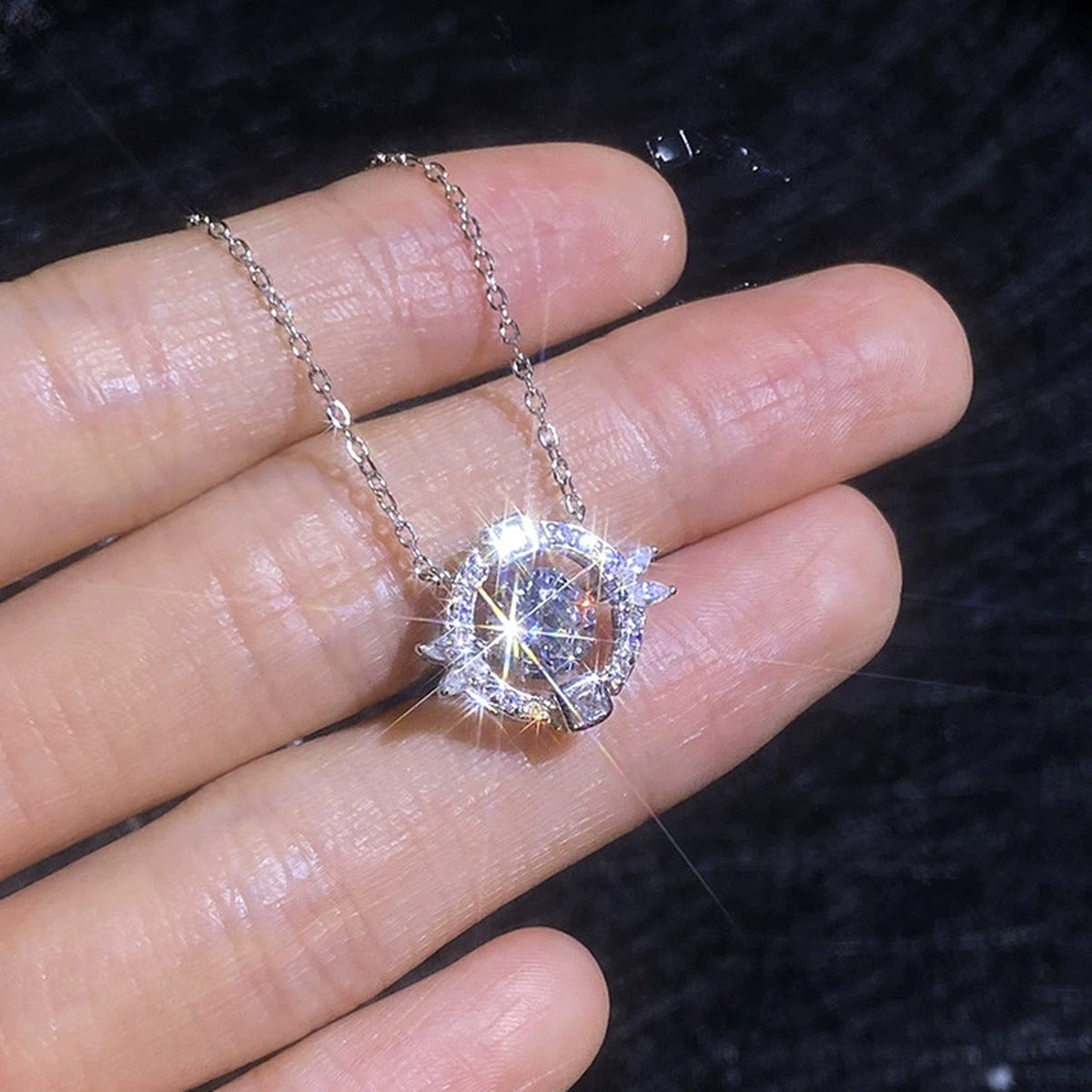 Circle Halo Moissanite Pendant Necklace with Cubic Zirconia in Platinum-Plated S925 Sterling Silver worn on neckline by model