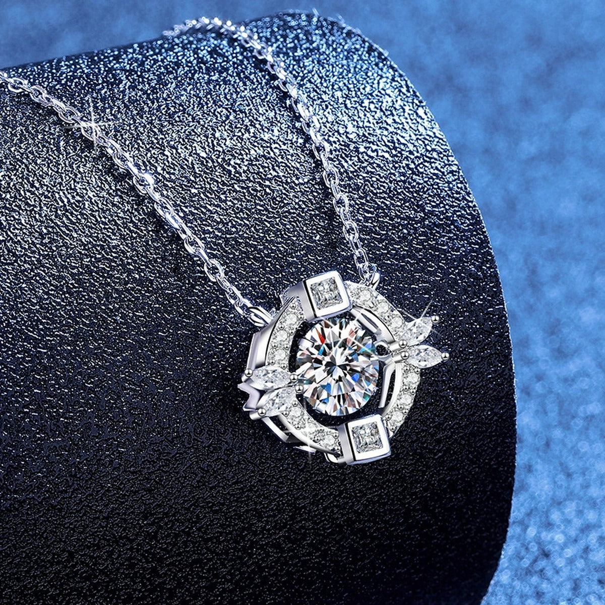 Circle Halo Moissanite Pendant Necklace with Cubic Zirconia in Platinum-Plated S925 Sterling Silver blue background product view