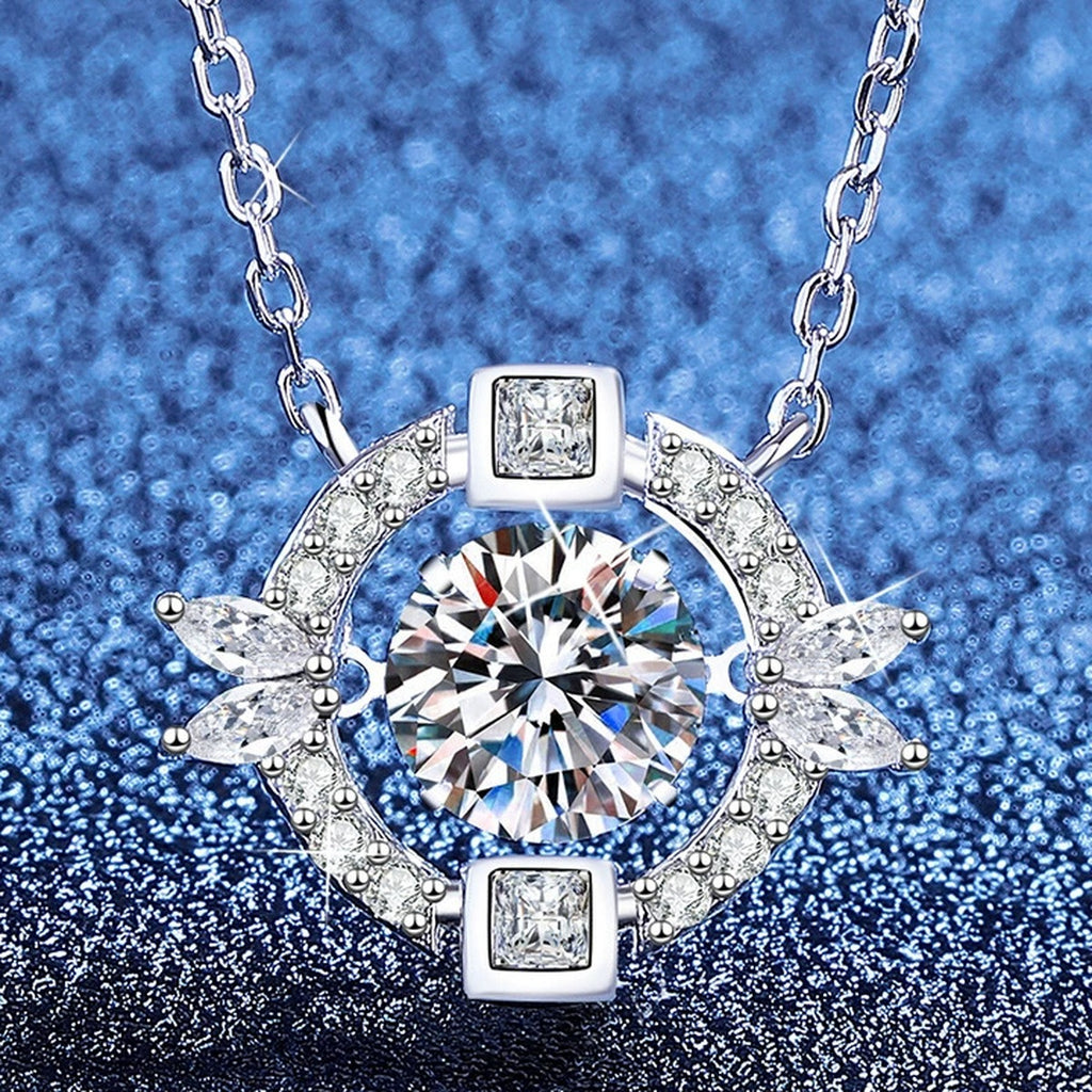 Circle Halo Moissanite Pendant Necklace with Cubic Zirconia in Platinum-Plated S925 Sterling Silver blue background angled view