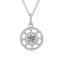 Compass Halo Moissanite Pendant Necklace with Cubic Zirconia in Platinum-Plated S925 Sterling Silver on clean white background showing the compass-inspired halo pendant with a round moissanite center