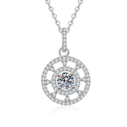 Compass Halo Moissanite Pendant Necklace with Cubic Zirconia in Platinum-Plated S925 Sterling Silver on clean white background showing the compass-inspired halo pendant with a round moissanite center