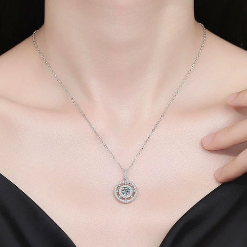 Compass Halo Moissanite Pendant Necklace with Cubic Zirconia in Platinum-Plated S925 Sterling Silver worn on neckline by model