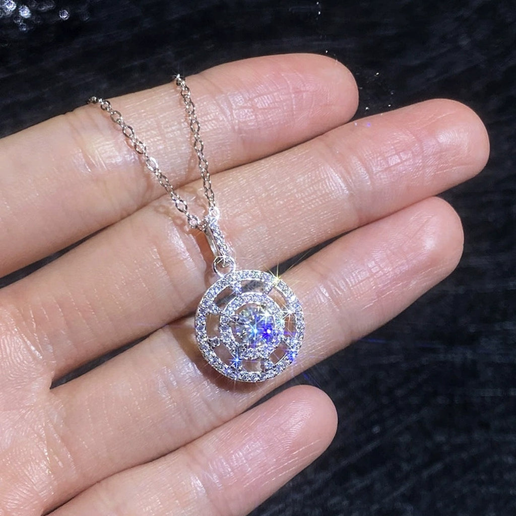 Compass Halo Moissanite Pendant Necklace with Cubic Zirconia in Platinum-Plated S925 Sterling Silver worn on neckline by model