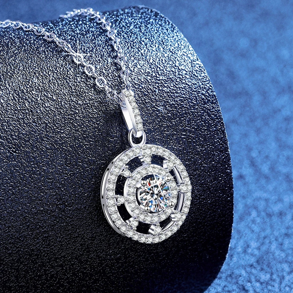 Compass Halo Moissanite Pendant Necklace with Cubic Zirconia in Platinum-Plated S925 Sterling Silver blue background product view