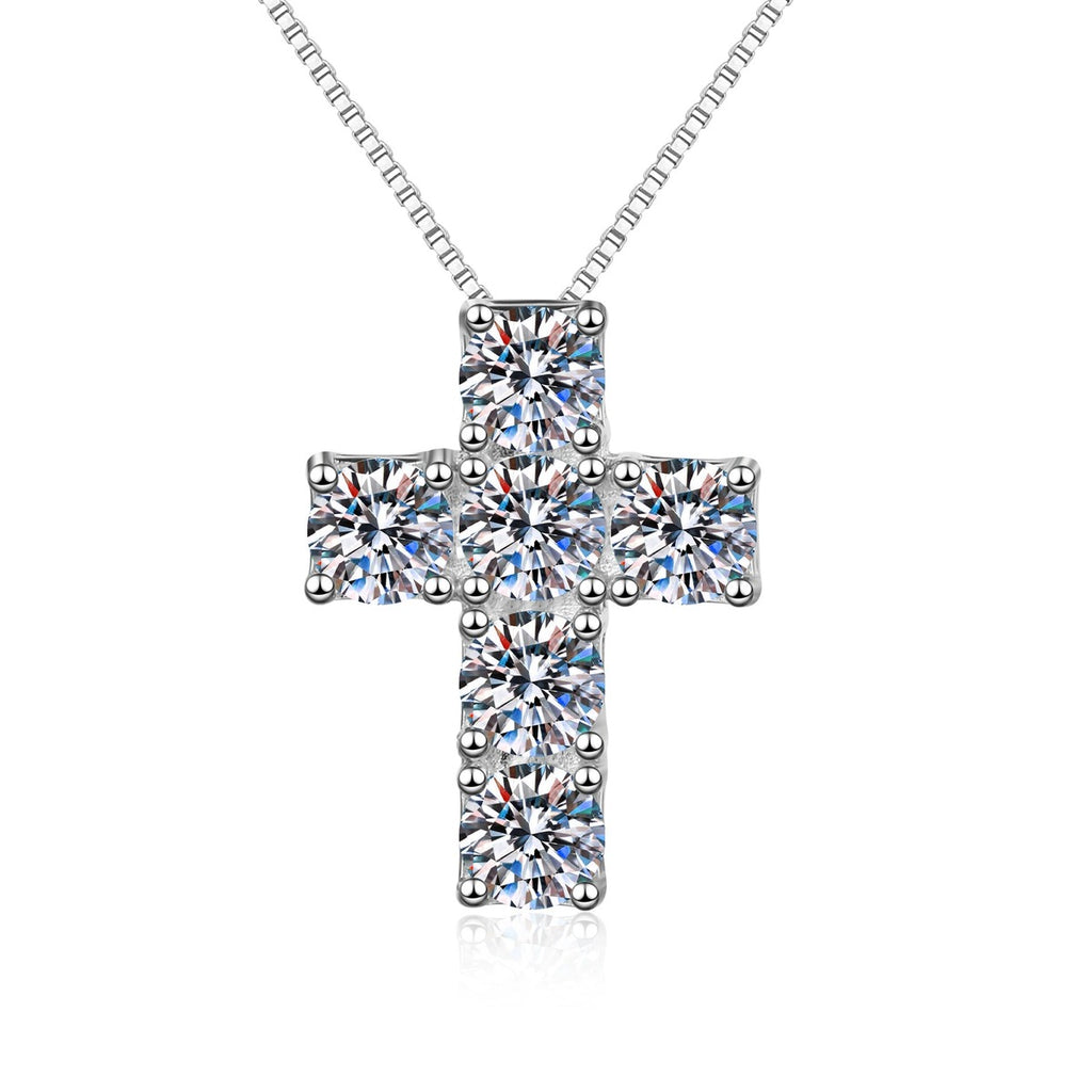 Cross Moissanite Pendant Necklace in Platinum-Plated S925 Sterling Silver on clean white background showing the cross pendant built from six moissanite stones