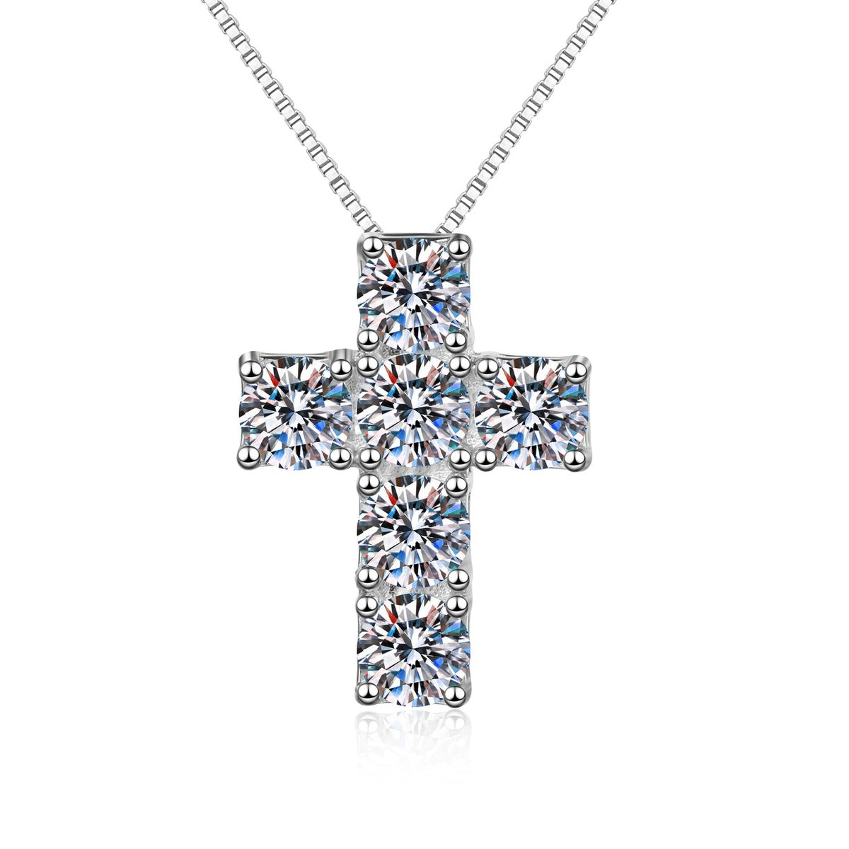 Cross Moissanite Pendant Necklace in Platinum-Plated S925 Sterling Silver on clean white background showing the cross pendant built from six moissanite stones