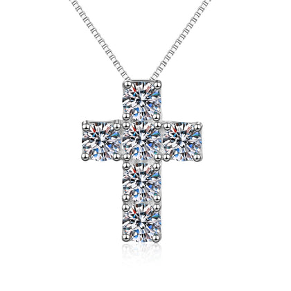 Cross Moissanite Pendant Necklace in Platinum-Plated S925 Sterling Silver on clean white background showing the cross pendant built from six moissanite stones