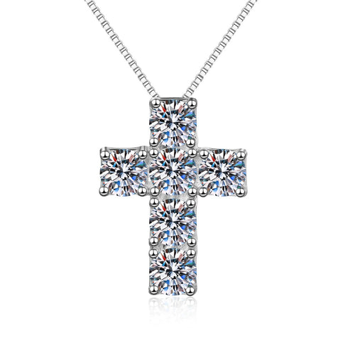 Cross Moissanite Pendant Necklace in Platinum-Plated S925 Sterling Silver on clean white background showing the cross pendant built from six moissanite stones
