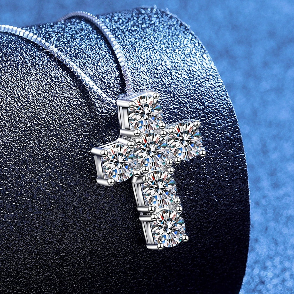 Cross Moissanite Pendant Necklace in Platinum-Plated S925 Sterling Silver blue background product view