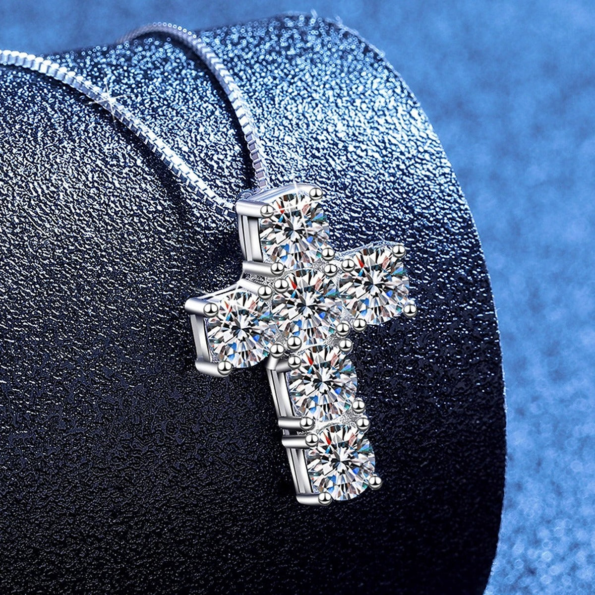 Cross Moissanite Pendant Necklace in Platinum-Plated S925 Sterling Silver blue background product view