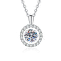 Round Halo Moissanite Pendant Necklace with Cubic Zirconia in Platinum-Plated S925 Sterling Silver on clean white background showing the round halo pendant with a bright moissanite center