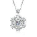 Snowflake Moissanite Pendant Necklace with Cubic Zirconia in Platinum-Plated S925 Sterling Silver on clean white background showing the snowflake pendant with layered pavé detail and a round moissanite