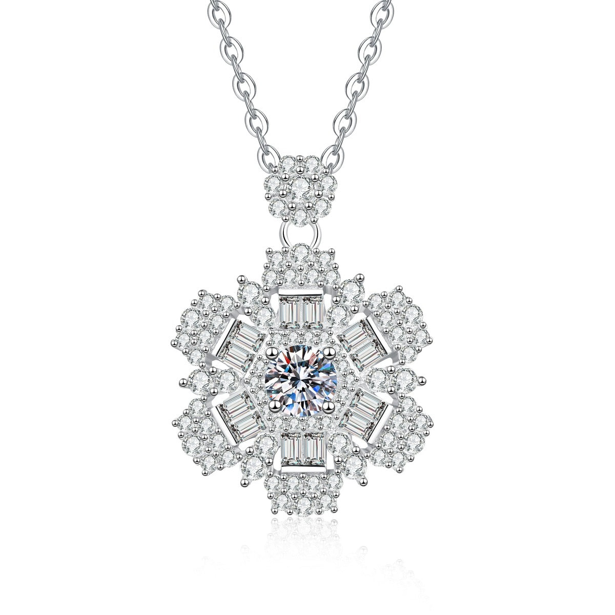 Snowflake Moissanite Pendant Necklace with Cubic Zirconia in Platinum-Plated S925 Sterling Silver on clean white background showing the snowflake pendant with layered pavé detail and a round moissanite