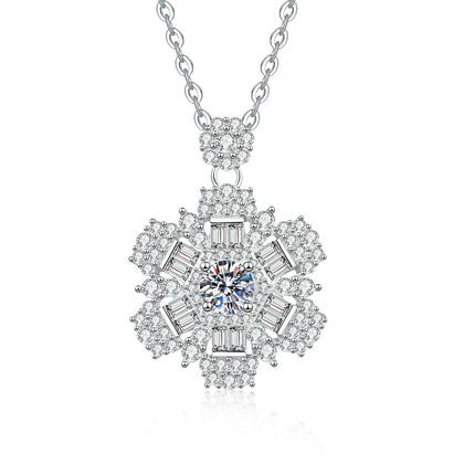 Snowflake Moissanite Pendant Necklace with Cubic Zirconia in Platinum-Plated S925 Sterling Silver on clean white background showing the snowflake pendant with layered pavé detail and a round moissanite