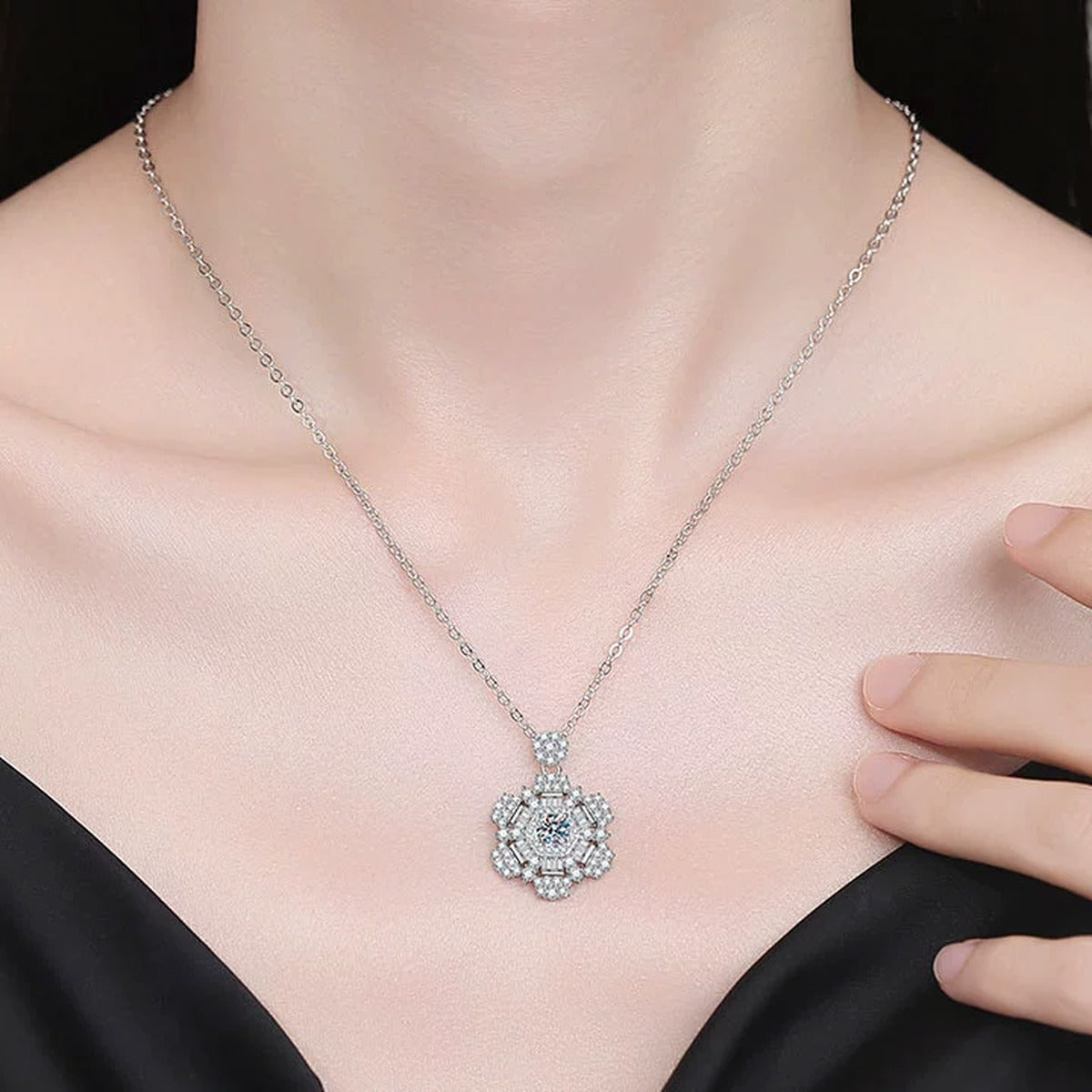 Snowflake Moissanite Pendant Necklace with Cubic Zirconia in Platinum-Plated S925 Sterling Silver worn on neckline by model