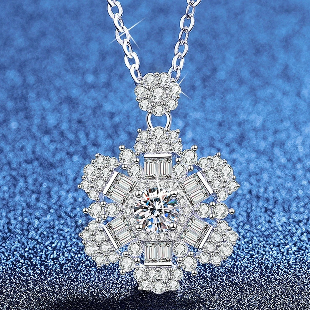 Snowflake Moissanite Pendant Necklace with Cubic Zirconia in Platinum-Plated S925 Sterling Silver blue background product view