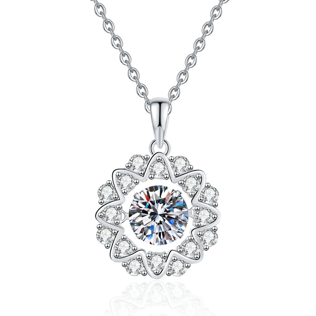 Floral Halo Moissanite Pendant Necklace with Cubic Zirconia in Platinum-Plated S925 Sterling Silver on clean white background showing the floral halo pendant with a round moissanite center