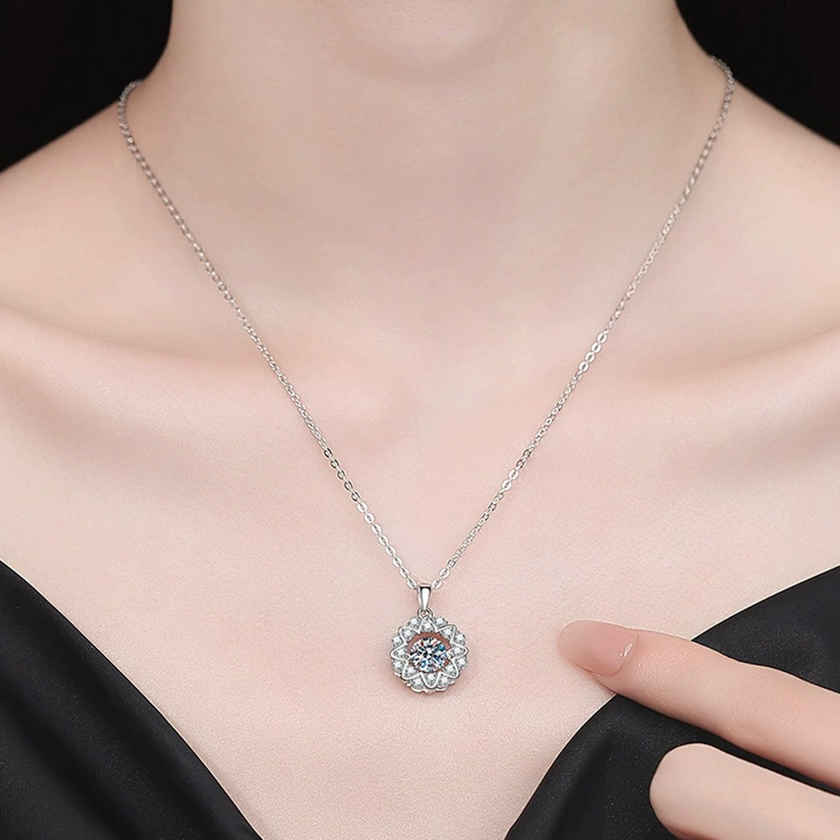 Floral Halo Moissanite Pendant Necklace with Cubic Zirconia in Platinum-Plated S925 Sterling Silver worn on neckline by model