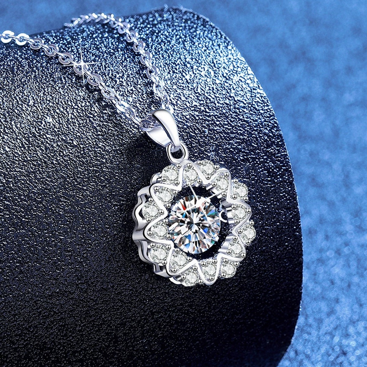 Floral Halo Moissanite Pendant Necklace with Cubic Zirconia in Platinum-Plated S925 Sterling Silver blue background product view