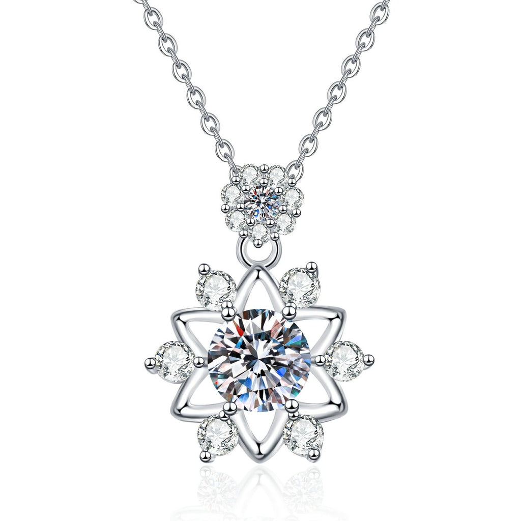 Starburst Moissanite Pendant Necklace with Cubic Zirconia in Platinum-Plated S925 Sterling Silver on clean white background showing the starburst pendant with a round moissanite center