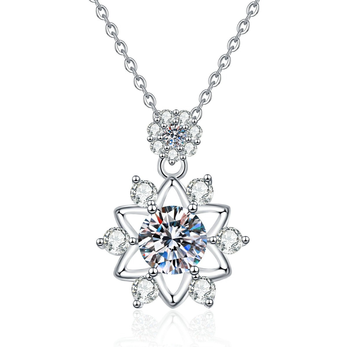 Starburst Moissanite Pendant Necklace with Cubic Zirconia in Platinum-Plated S925 Sterling Silver on clean white background showing the starburst pendant with a round moissanite center