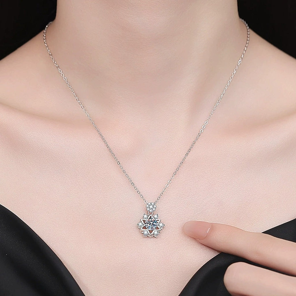 Starburst Moissanite Pendant Necklace with Cubic Zirconia in Platinum-Plated S925 Sterling Silver worn on neckline by model