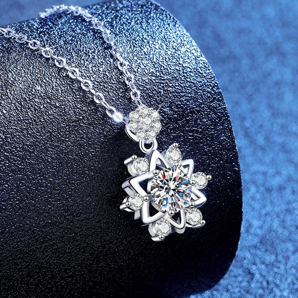 Starburst Moissanite Pendant Necklace with Cubic Zirconia in Platinum-Plated S925 Sterling Silver blue background product view
