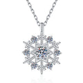Snowflake Moissanite Pendant Necklace with Cubic Zirconia in Platinum-Plated S925 Sterling Silver on clean white background showing the snowflake pendant with a small round moissanite and pavé detail