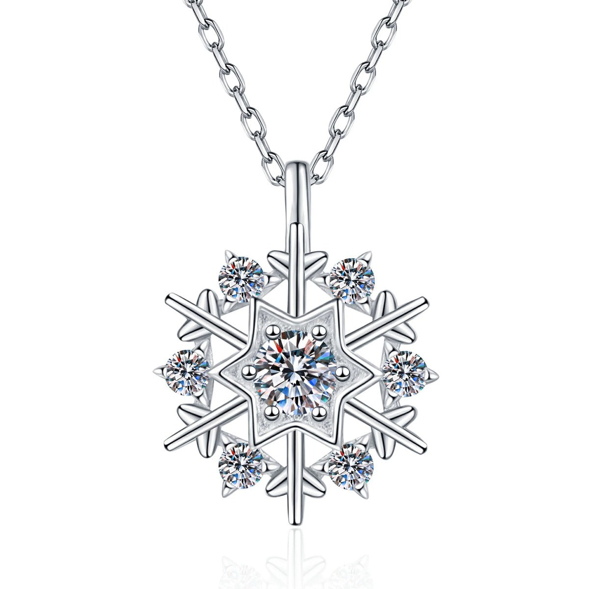 Snowflake Moissanite Pendant Necklace with Cubic Zirconia in Platinum-Plated S925 Sterling Silver on clean white background showing the snowflake pendant with a small round moissanite and pavé detail