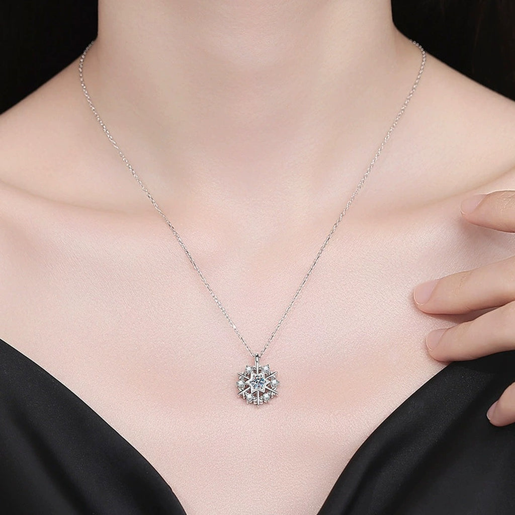 Snowflake Moissanite Pendant Necklace with Cubic Zirconia in Platinum-Plated S925 Sterling Silver worn on neckline by model