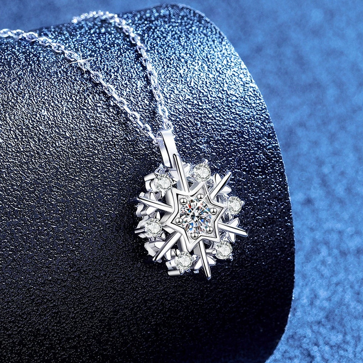 Snowflake Moissanite Pendant Necklace with Cubic Zirconia in Platinum-Plated S925 Sterling Silver blue background product view