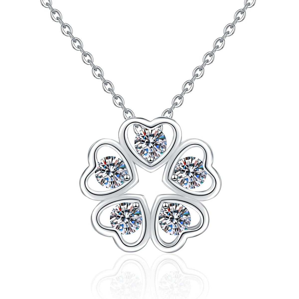 Clover Moissanite Pendant Necklace in Platinum-Plated S925 Sterling Silver on clean white background showing the four-leaf clover pendant with round moissanite accents